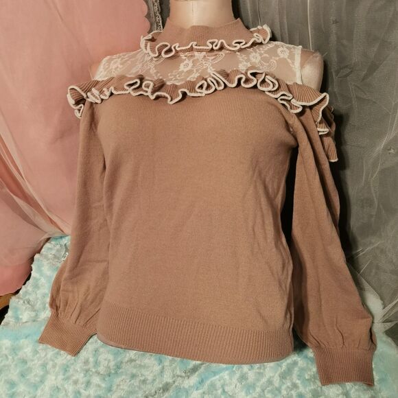 Ank Rouge Brown Sweater Women's Small Ruffle Turtleneck Harajuku Japan Jfashion - Picture 1 of 12